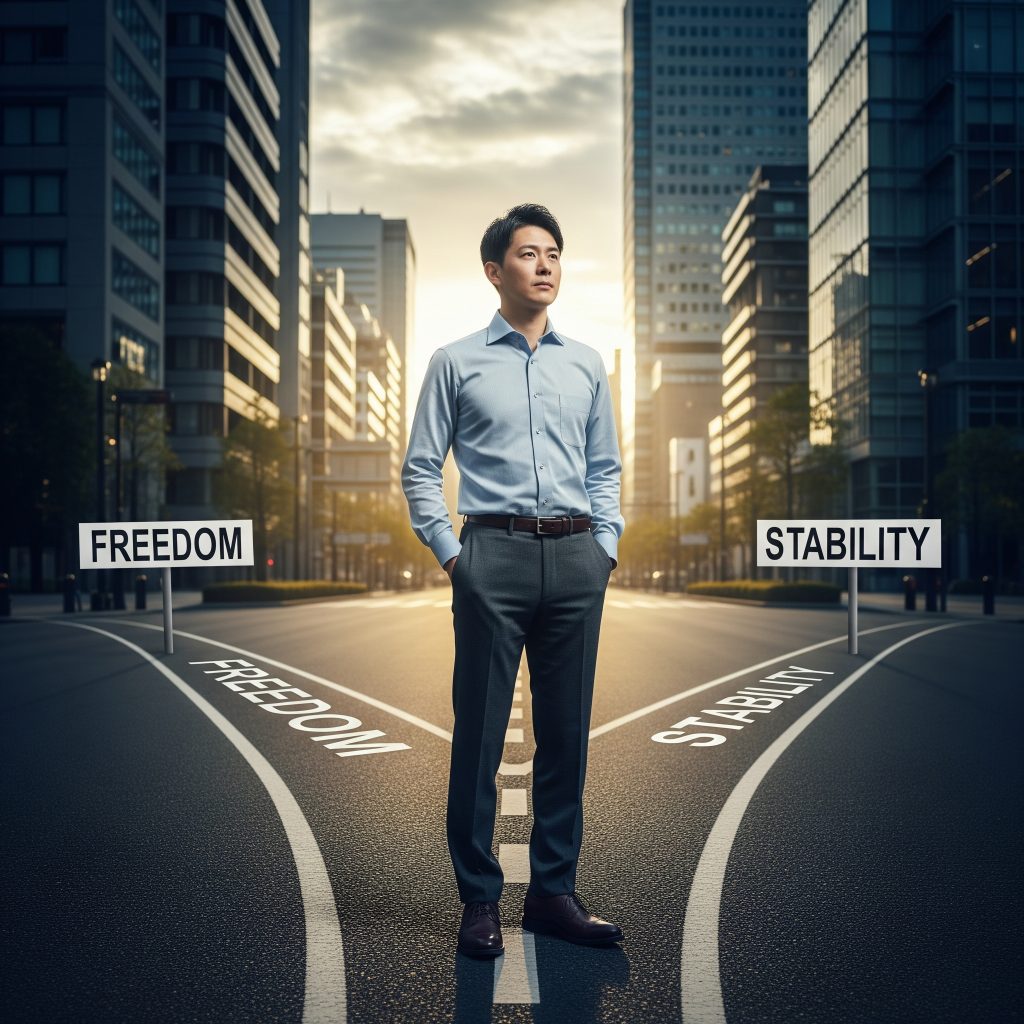 分かれ道に立つビジネスマン。左には“FREEDOM（自由）”、右には“STABILITY（安定）”と書かれた標識があり、キャリアの選択を象徴している。