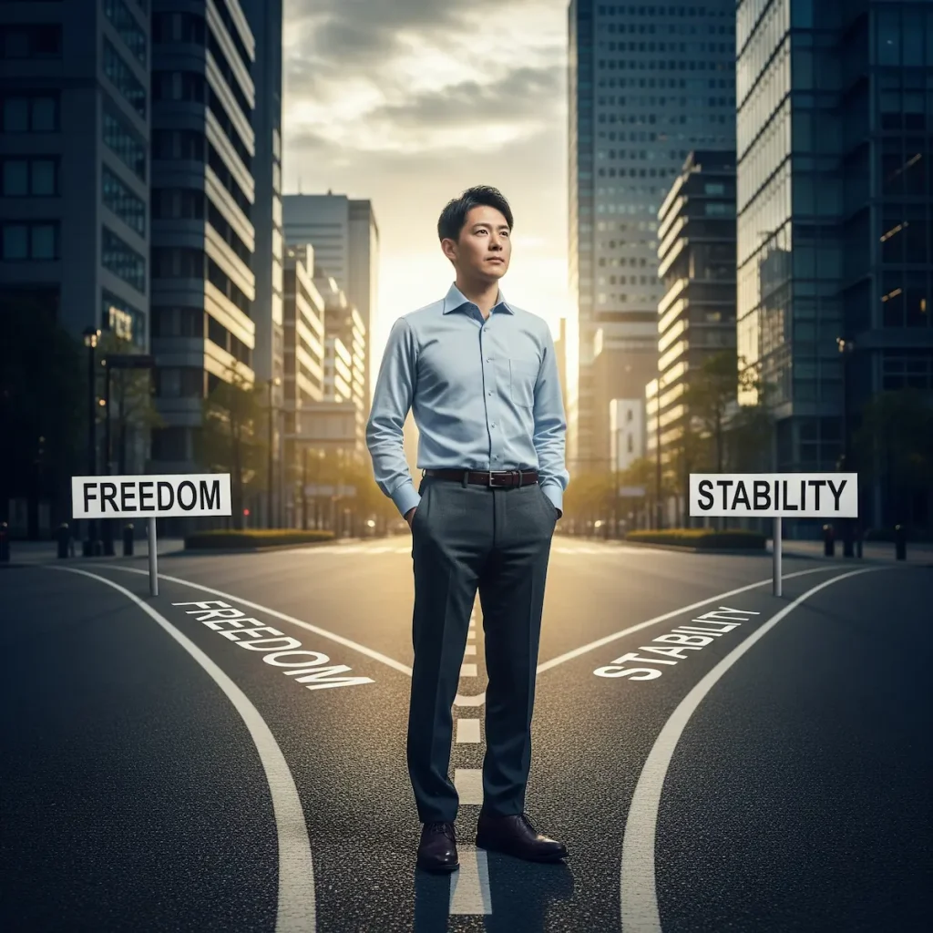 分かれ道に立つビジネスマン。左には“FREEDOM（自由）”、右には“STABILITY（安定）”と書かれた標識があり、キャリアの選択を象徴している。
