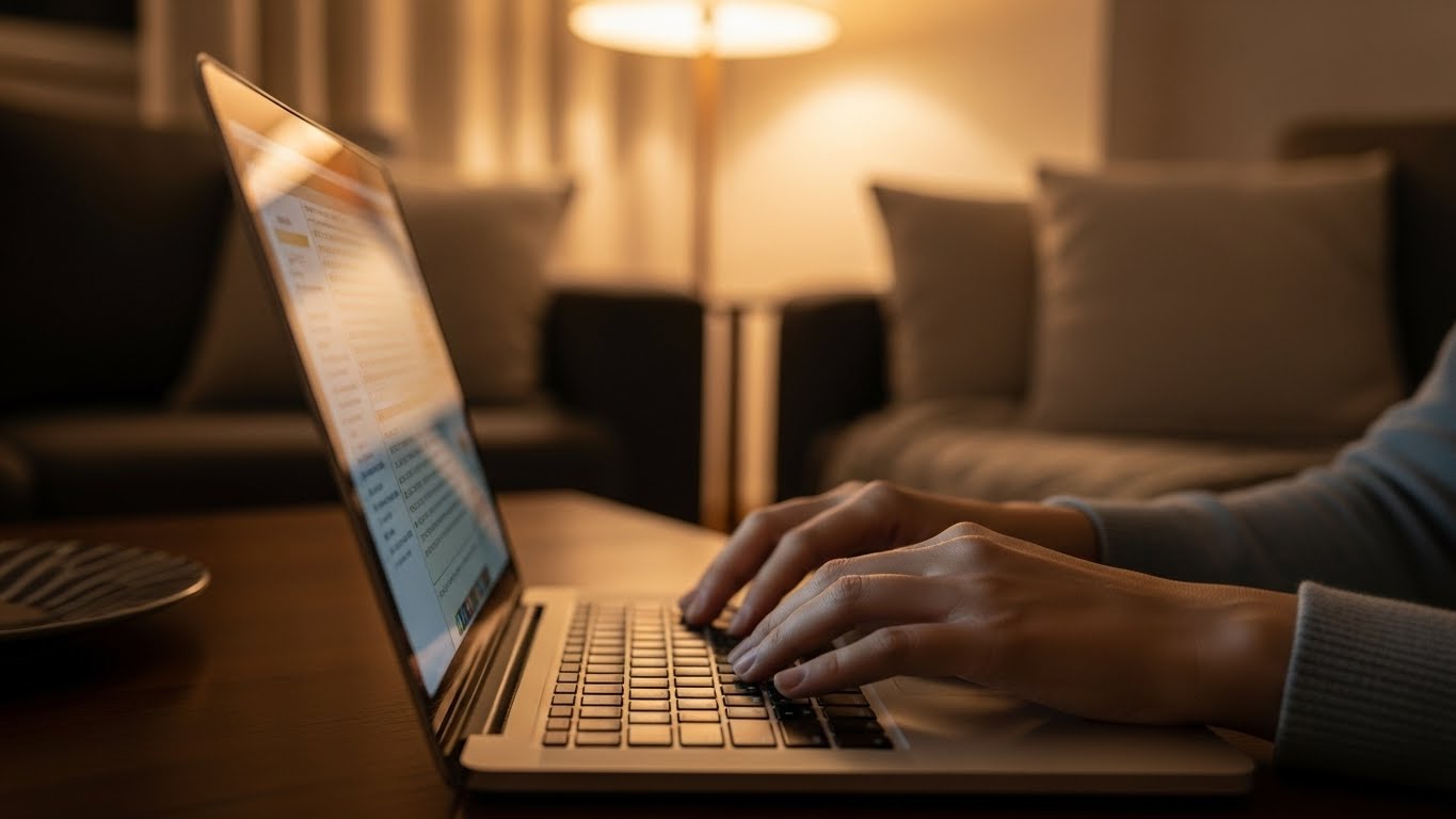 夜に自宅でPC作業をする女性エンジニアの手元