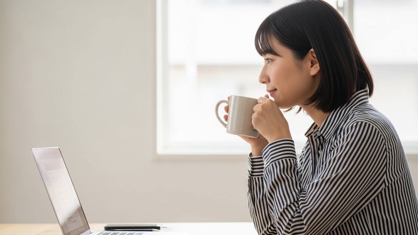 コーヒーを飲みながらリラックスして仕事をする女性フリーランスエンジニア