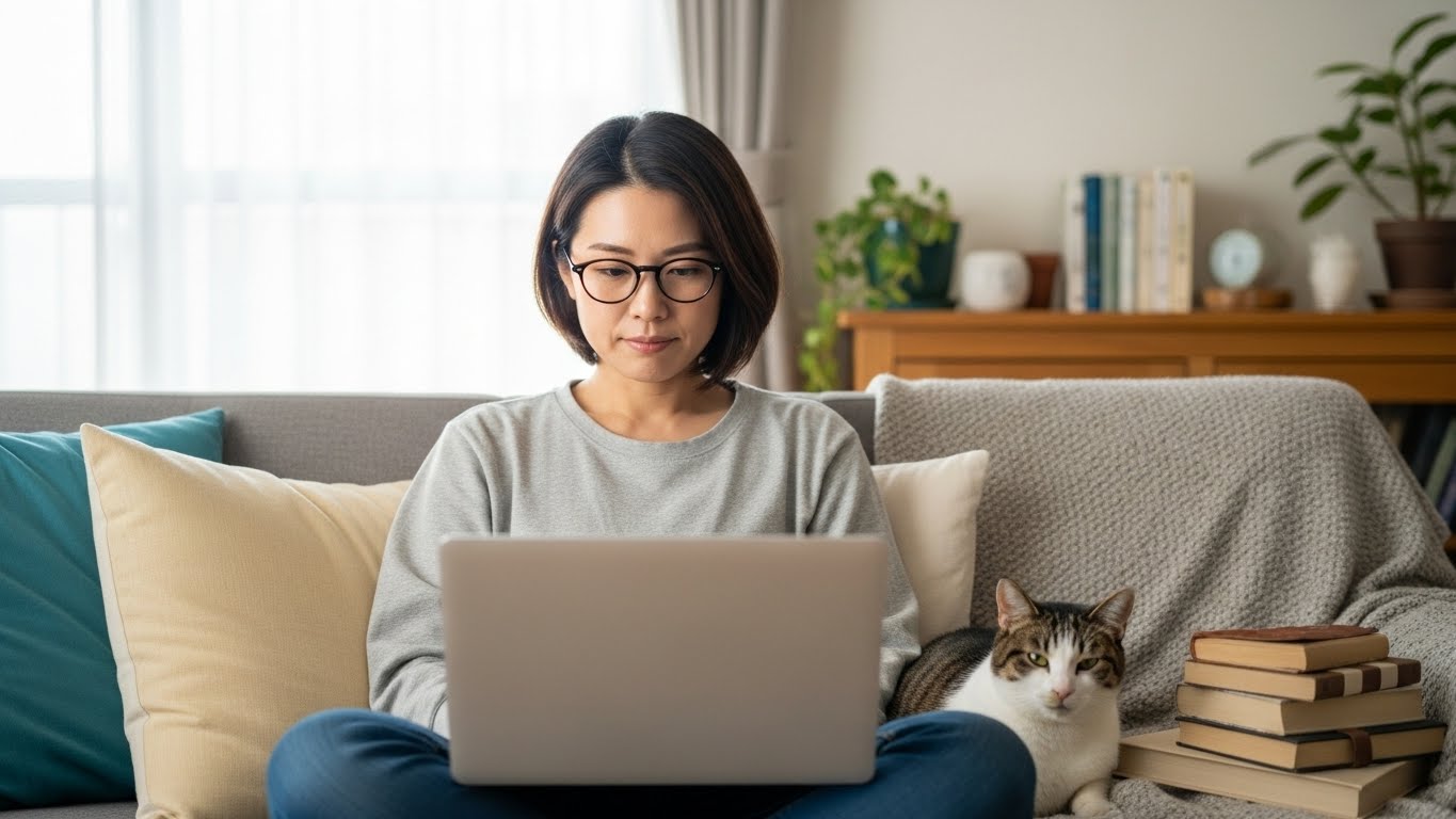 リラックスした雰囲気で自宅のソファで作業をする女性フリーランスエンジニアのイメージ