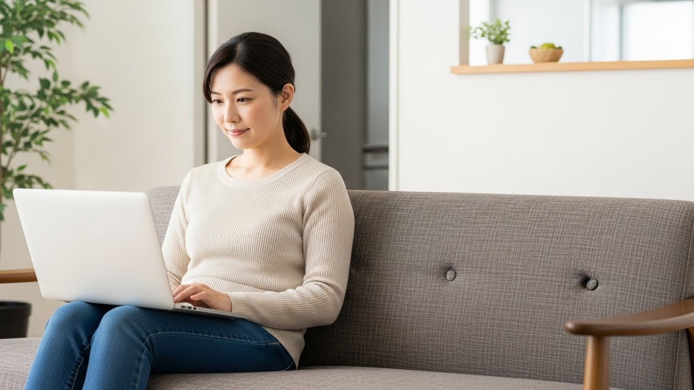 リビングのソファでノートパソコンを操作する女性エンジニア、リモートワークのイメージ