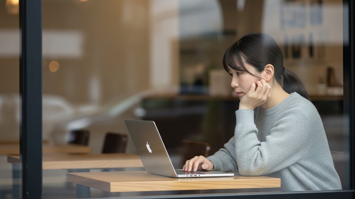 カフェでノートパソコンを前に考え込む女性フリーランスエンジニア