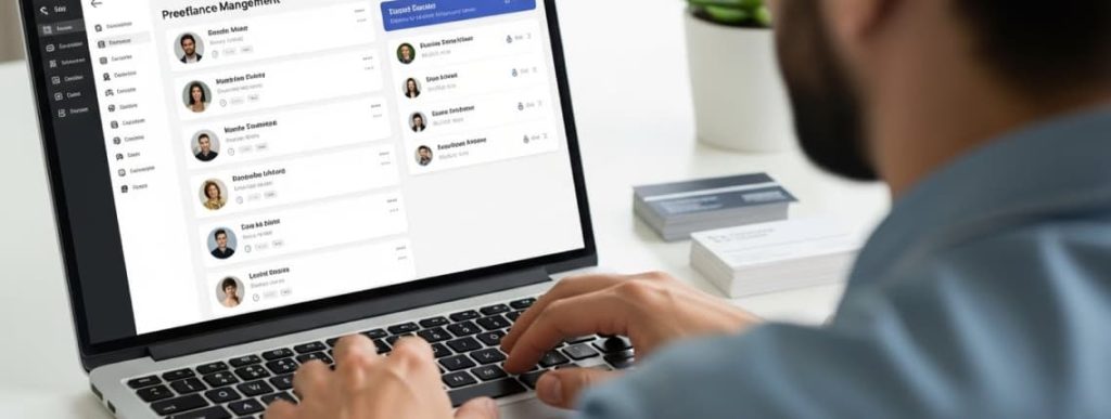 ートパソコンで名刺管理システムを操作し、受け取った名刺をデータ化するフリーランスエンジニアの様子。