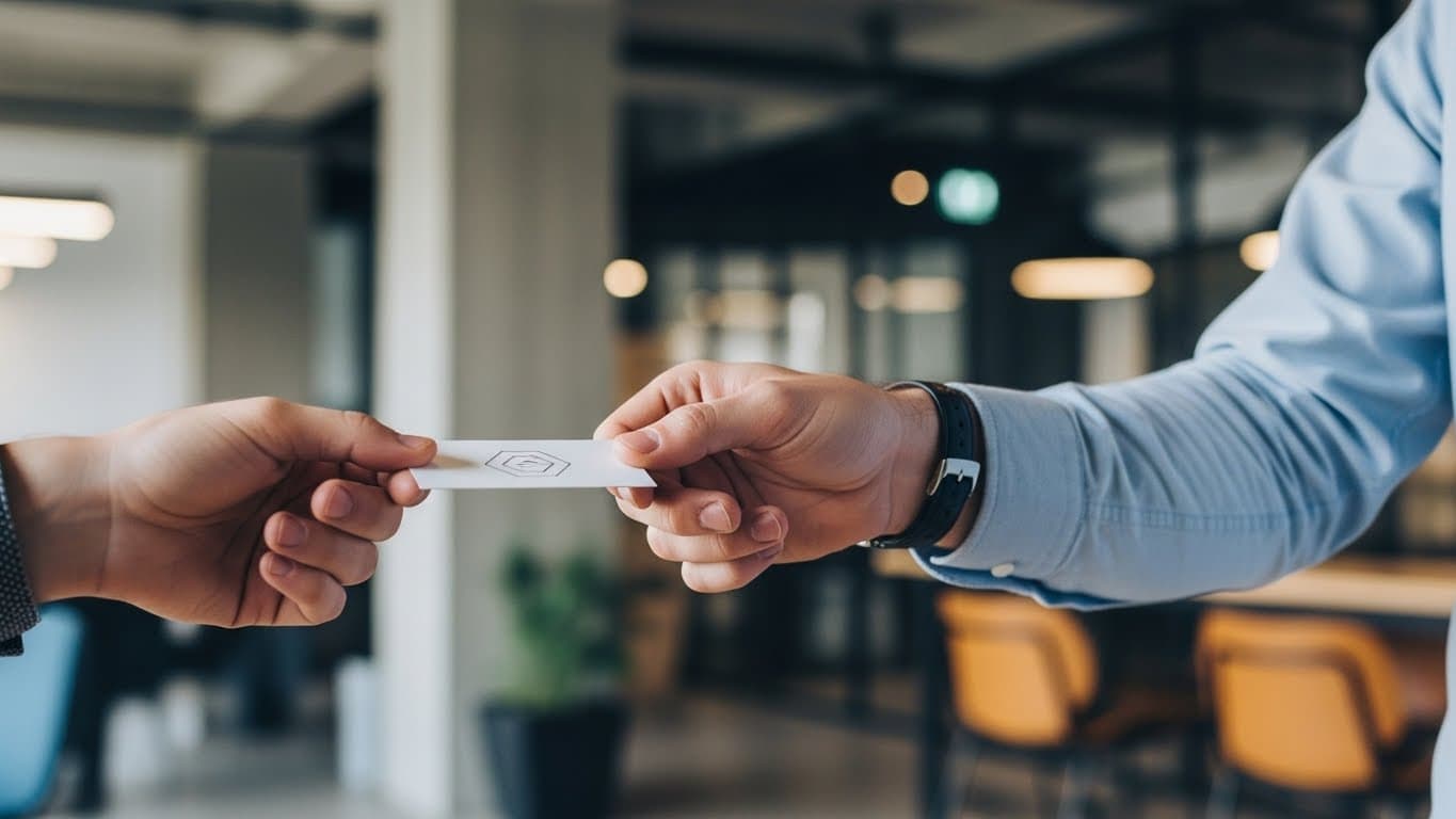 フリーランスエンジニアがビジネスシーンで名刺を渡す様子。