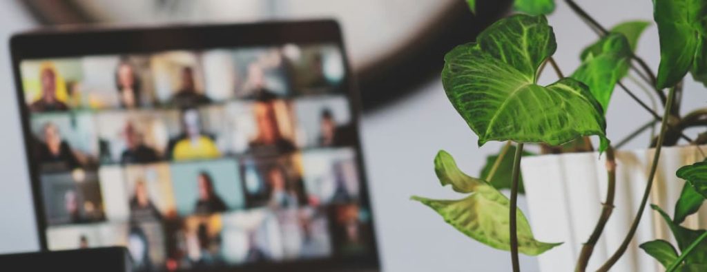 観葉植物越しに映る、オンライン会議ツールで複数人とWebミーティングを行うパソコン画面。