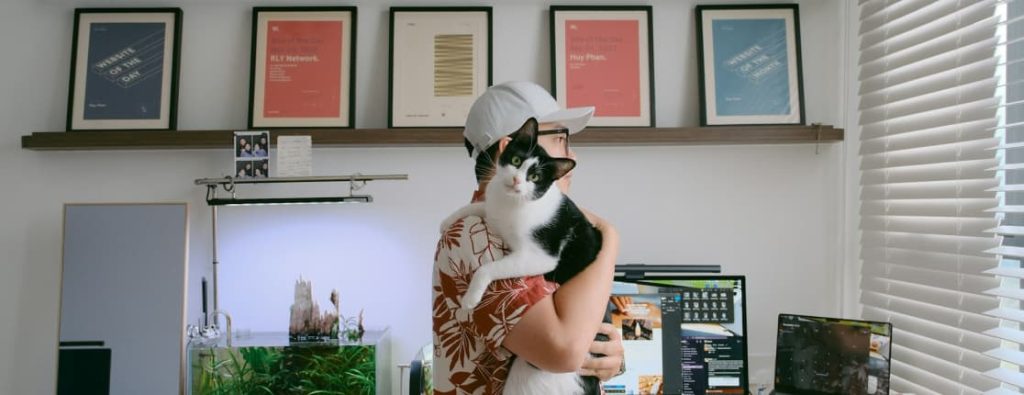 猫と一緒に自宅で仕事をするフリーランスエンジニア。自由度の高い在宅ワークのイメージ。