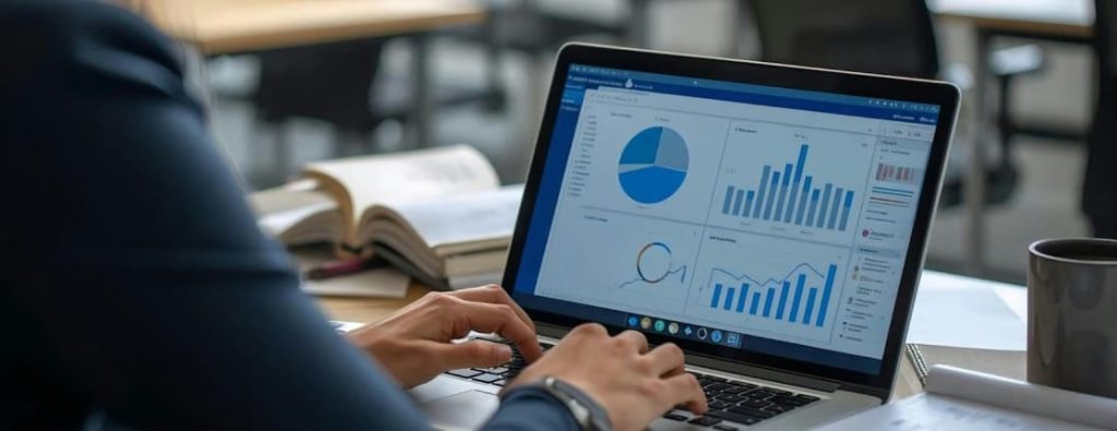 ノートパソコンの画面に表示された、年収データや市場分析を示す複数の青いグラフと統計図表。