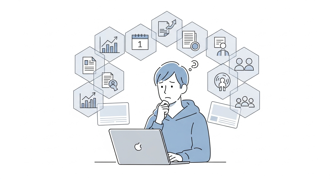 不安が複数重なり判断に迷うフリーランスエンジニアのイラスト