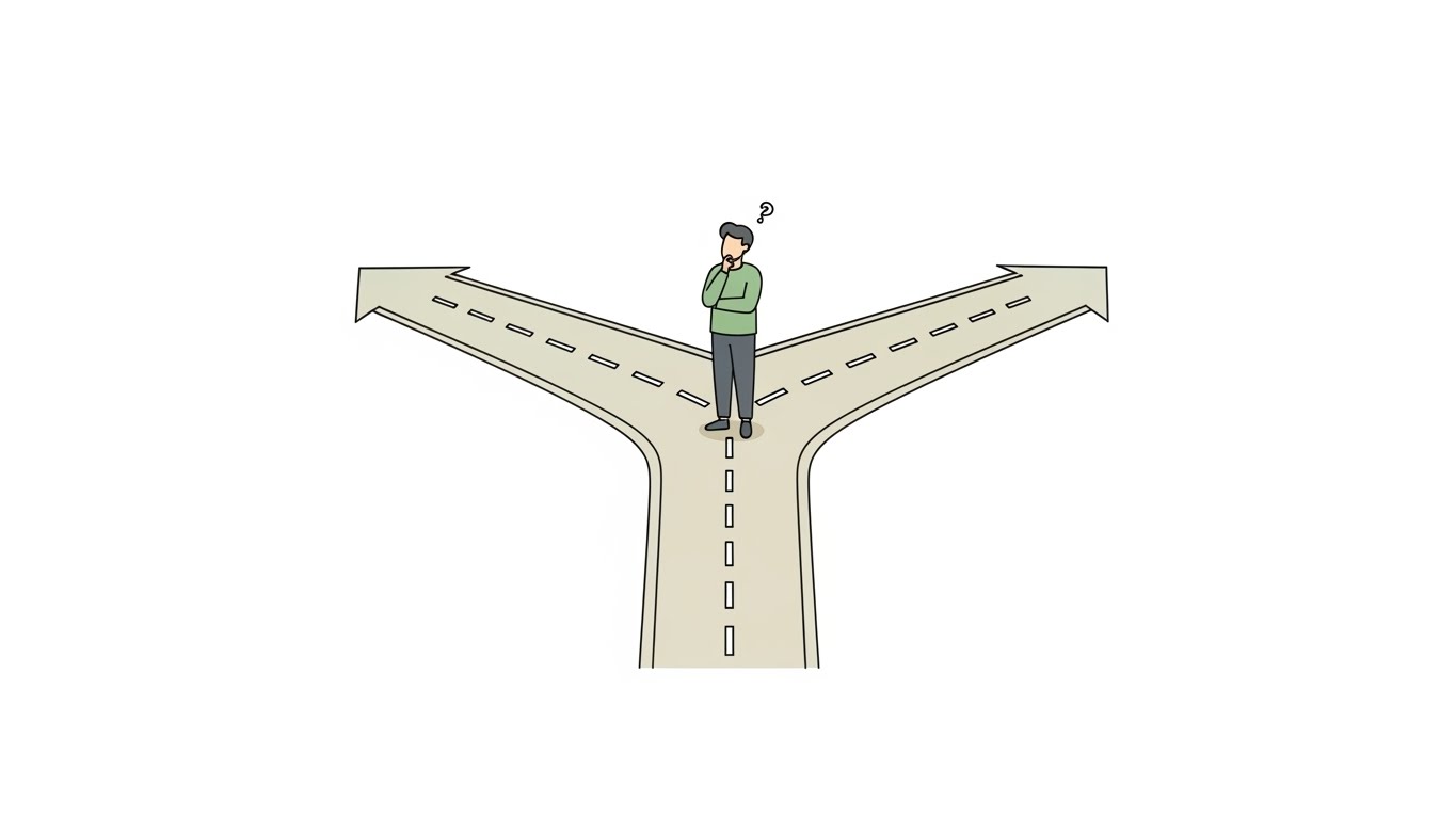フリーランスエンジニアの現在地と、将来を分ける分岐点を表現したイラスト