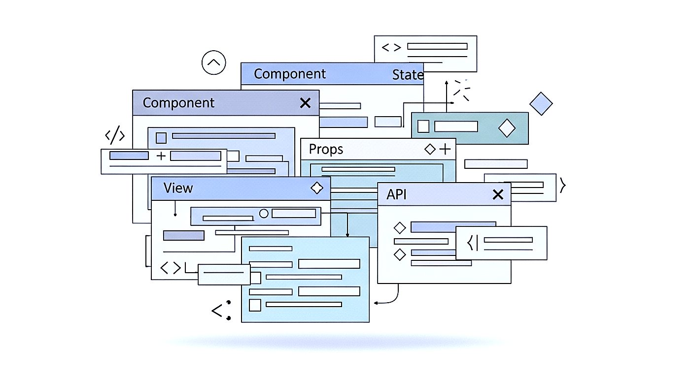 フロントエンド開発におけるコンポーネント、状態管理、API連携などが重なり合う構造を表した抽象イラスト