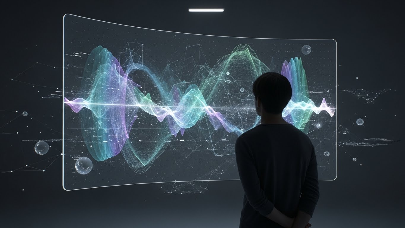 デジタルの波形やネットワークを可視化した抽象的なビジュアル