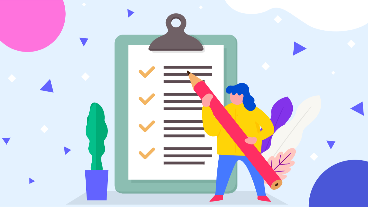 大きなチェックリストの前で赤い鉛筆を持つ人物が立っているイラスト。職種ごとのおすすめを整理するイメージ。