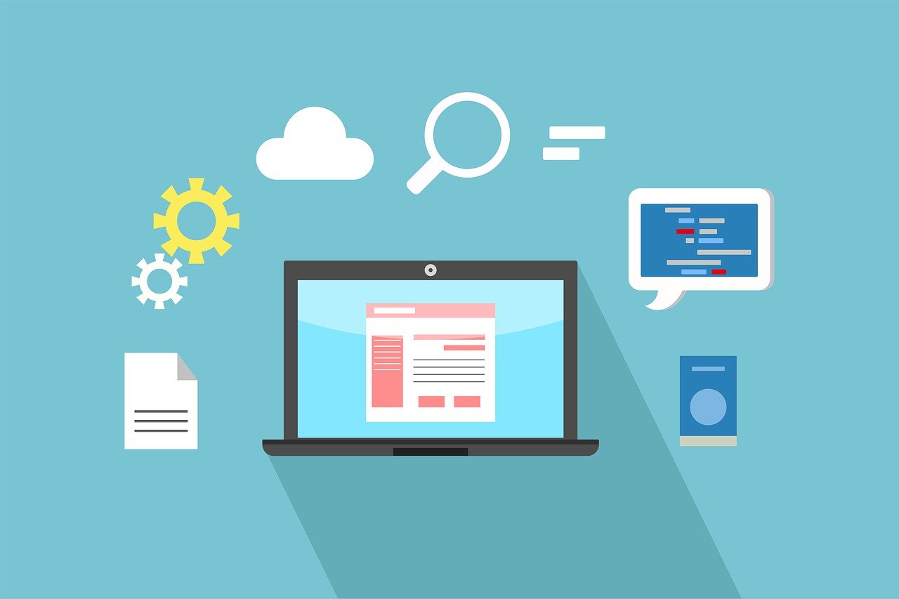 ノートパソコンの周りに、クラウド・虫眼鏡・歯車・ドキュメント・コードスニペットのアイコンが配置された、ウェブ開発またはデータ処理を象徴するイラスト。