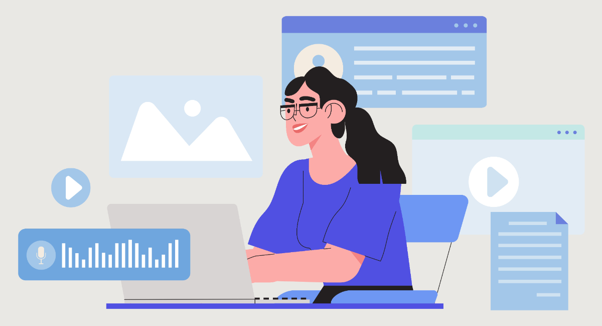 様々なメディアを扱いながらノートパソコンで作業する、眼鏡をかけた女性。Windowsの柔軟な作業環境のイメージイラスト。