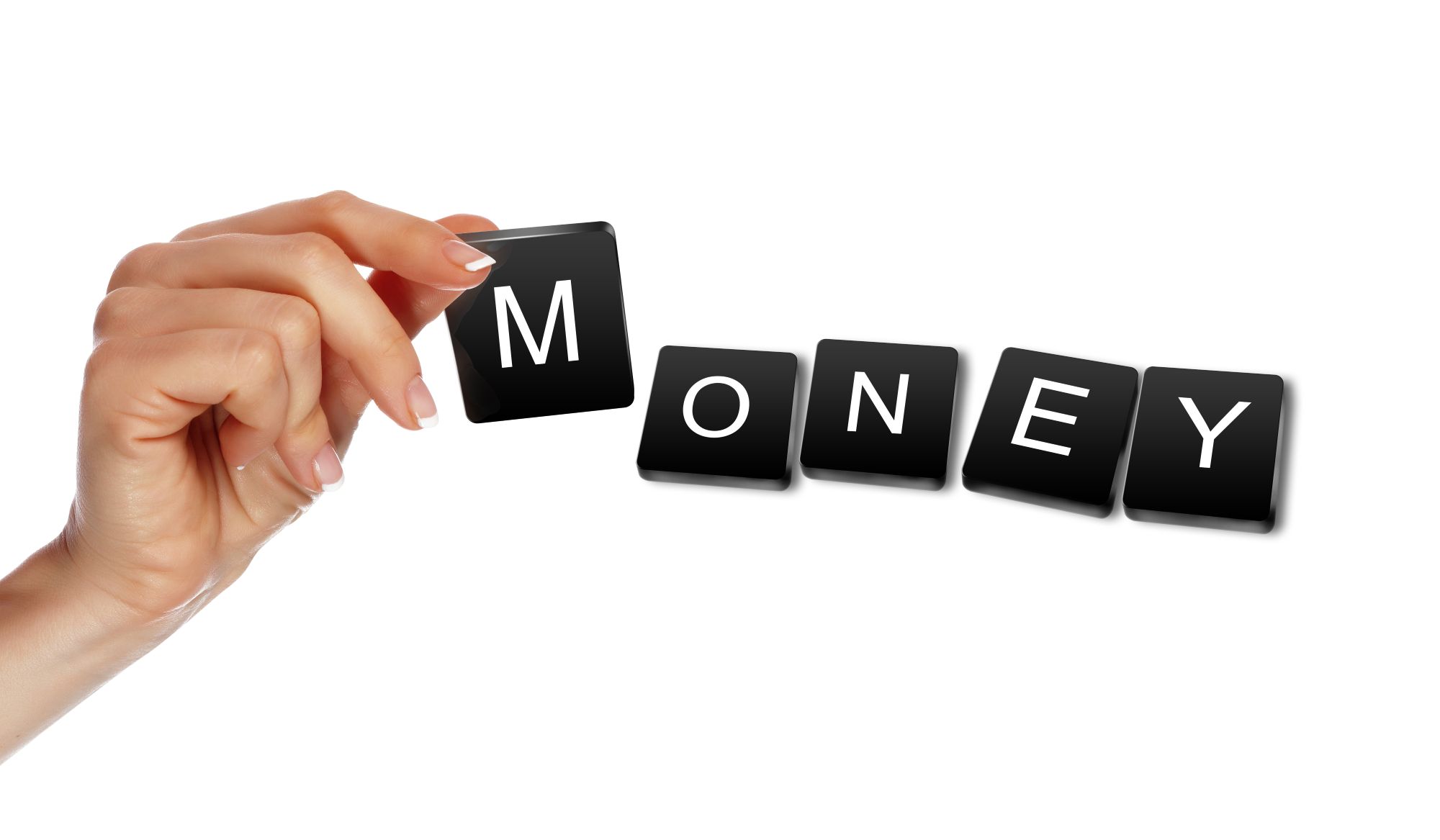 年収や報酬を意味する「MONEY」の文字を指で持つイメージ写真